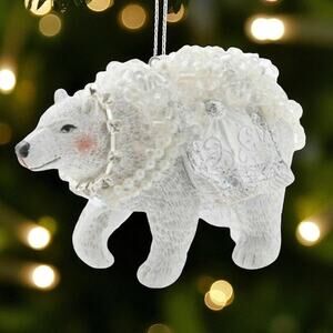 White Polar Bear Christmas Tree Ornament Rosy Cheeks Embellish Beads Rhinestones